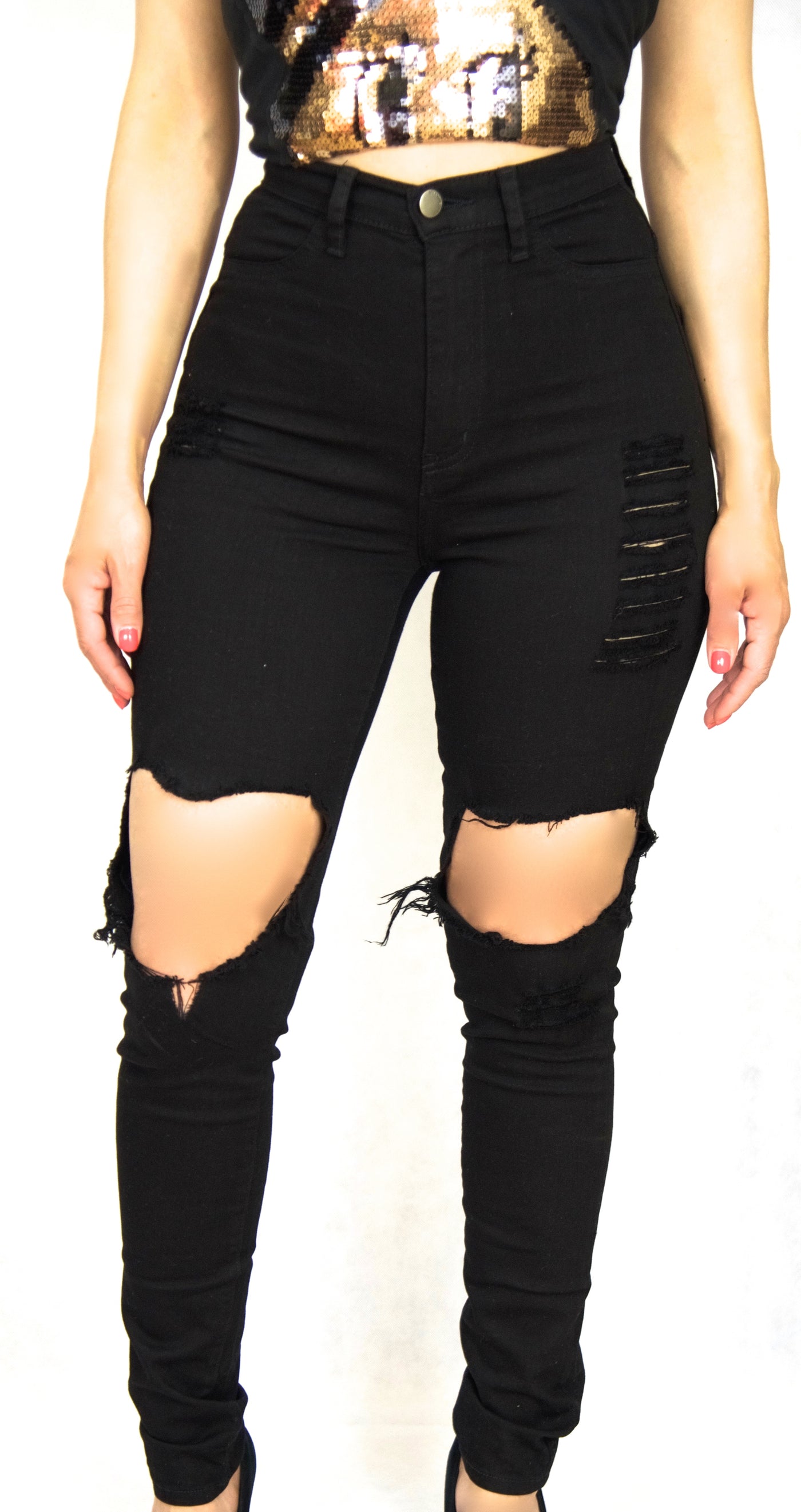 Black Jean with Knee Cut-Out