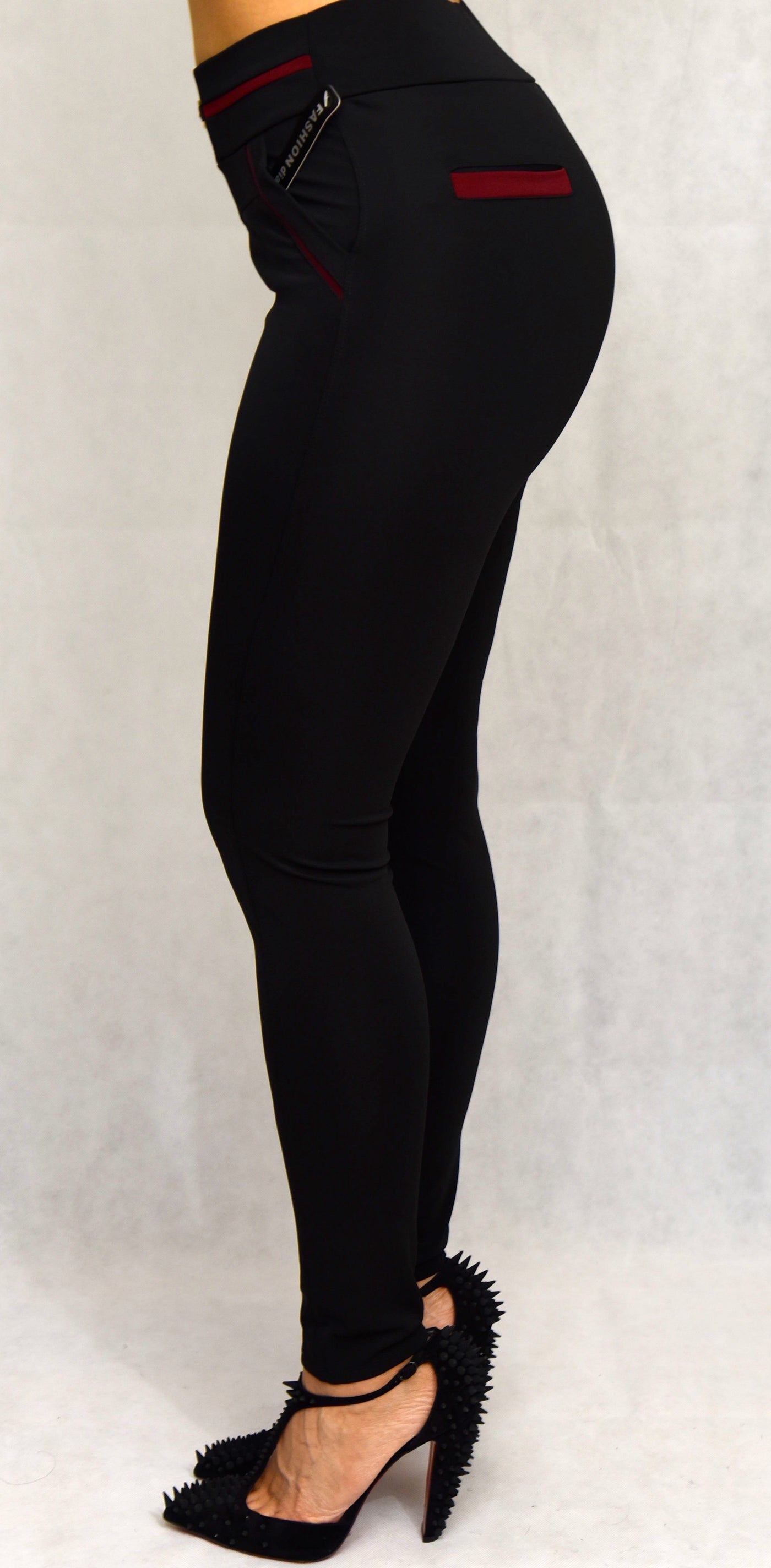 Black Pant with Burgundy Pockets and Waist Trim