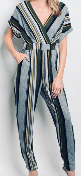 Gray & Olive Stripe Jumpsuit